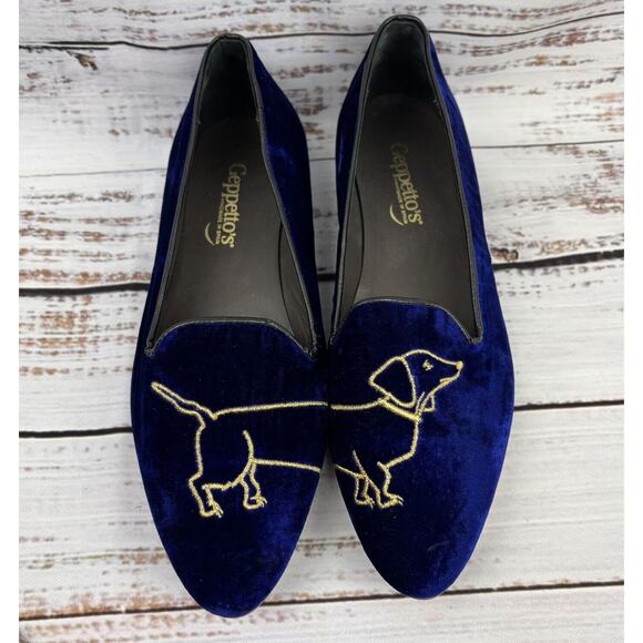 Geppettos Blue Velvet Dog Embroidered Slip On‎ Shoes Flats Spain 35 EU 4.5 US - Picture 1 of 12